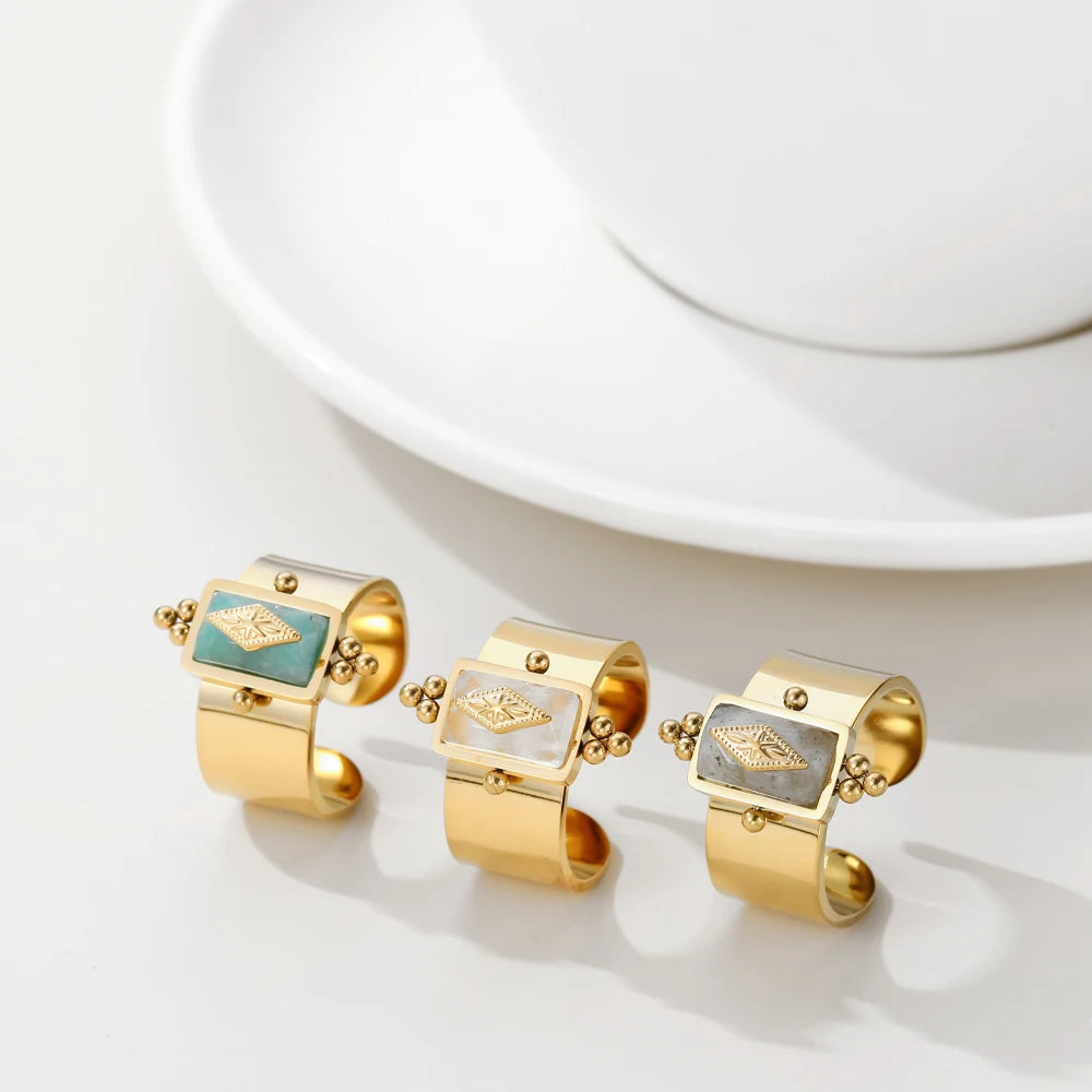 YACHAN Water Proof Natural Stone Stainless Steel Gold Plated Wide Rings for Women Finger Adjustable Open Ring Vintage Jewelry
