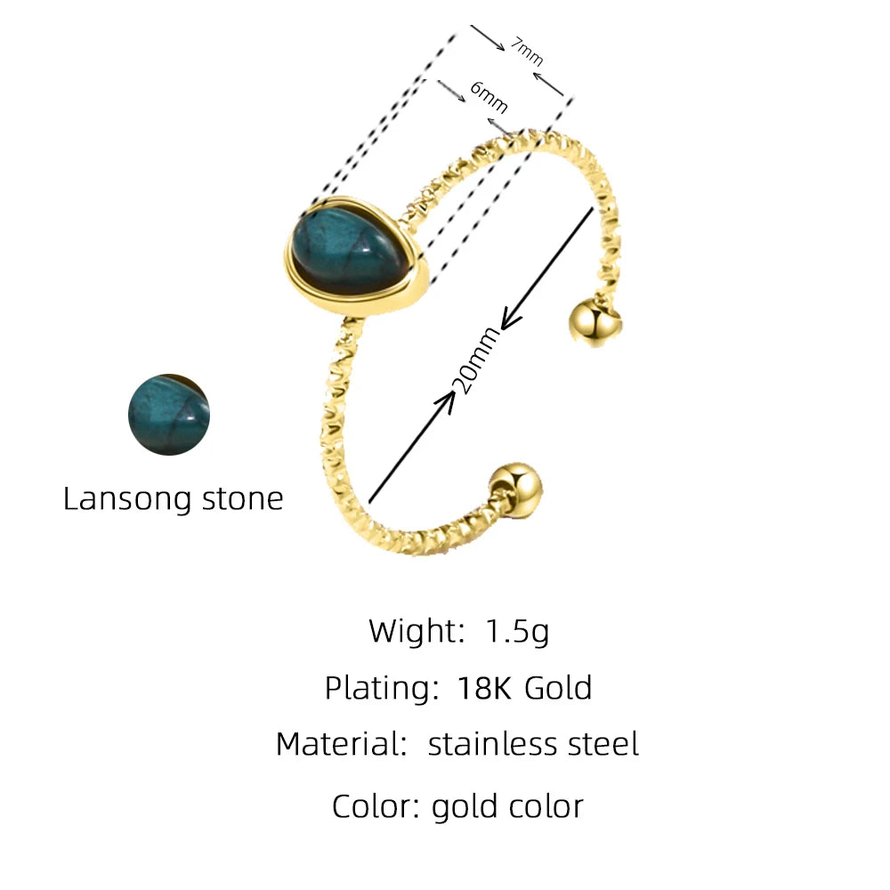 YACHAN Stainless Steel Ring for Women Turquoise Natural Stone Open Adjustable Water Drops 18K Gold PVD Plated Trendy Jewelry