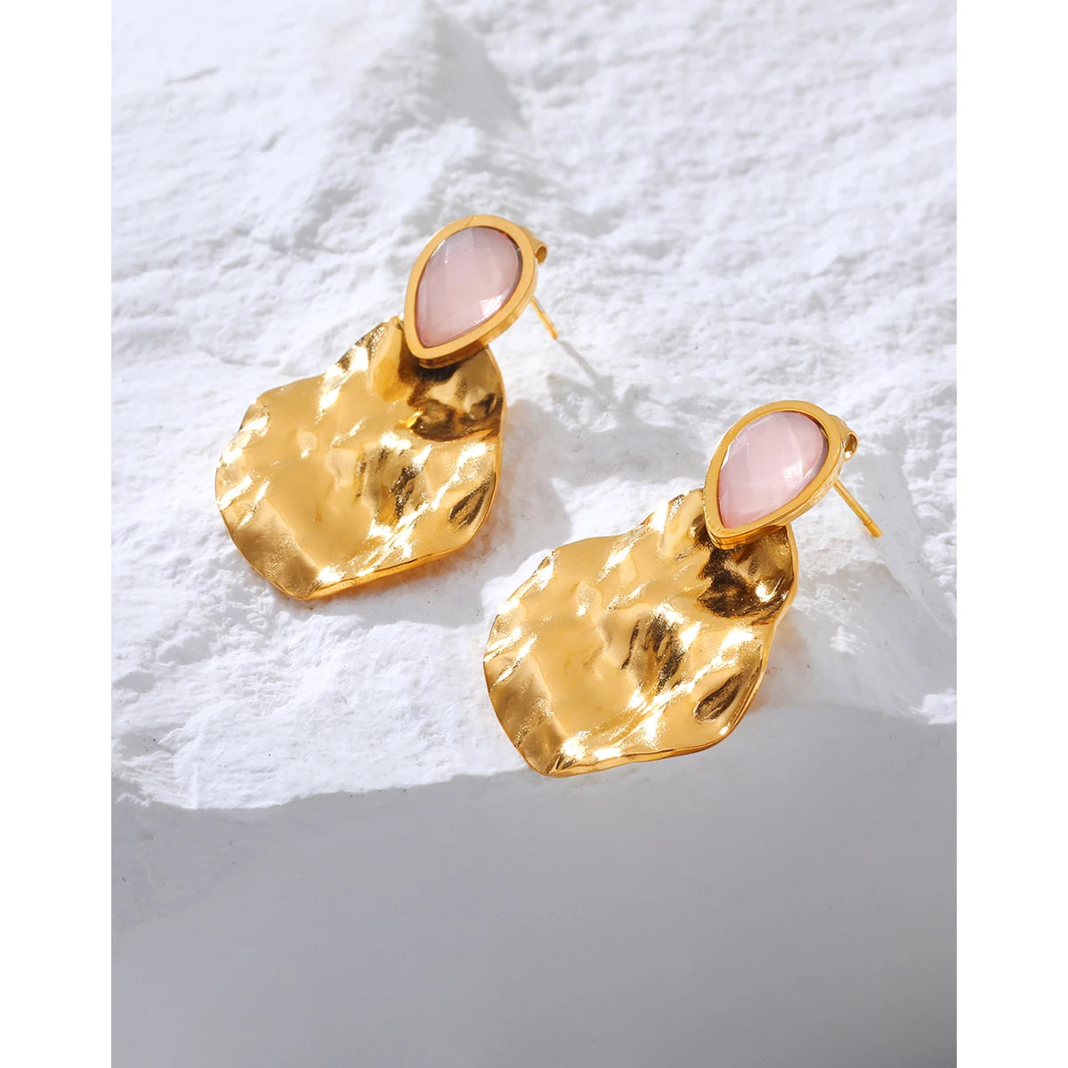 YACHAN 18K Gold Plated Irregular Stainless Steel Drop Earrings for Women Vintage Luxury Pink Natural Stone Exquisite Jewelry