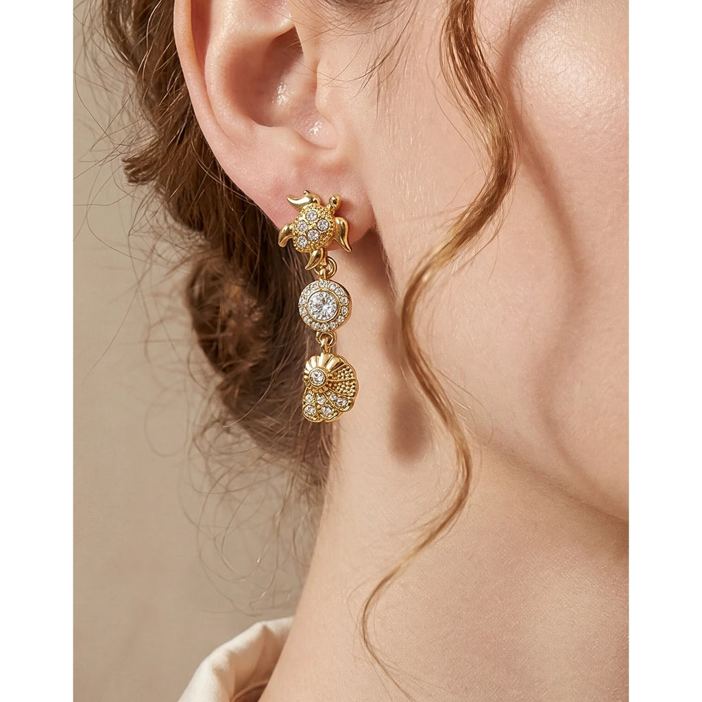 YACHAN 18K PVD Gold Plated Stainless Steel Dangle Earrings for Women Waterproof CZ Starfish Lobster Summer Ocean Beach Jewelry
