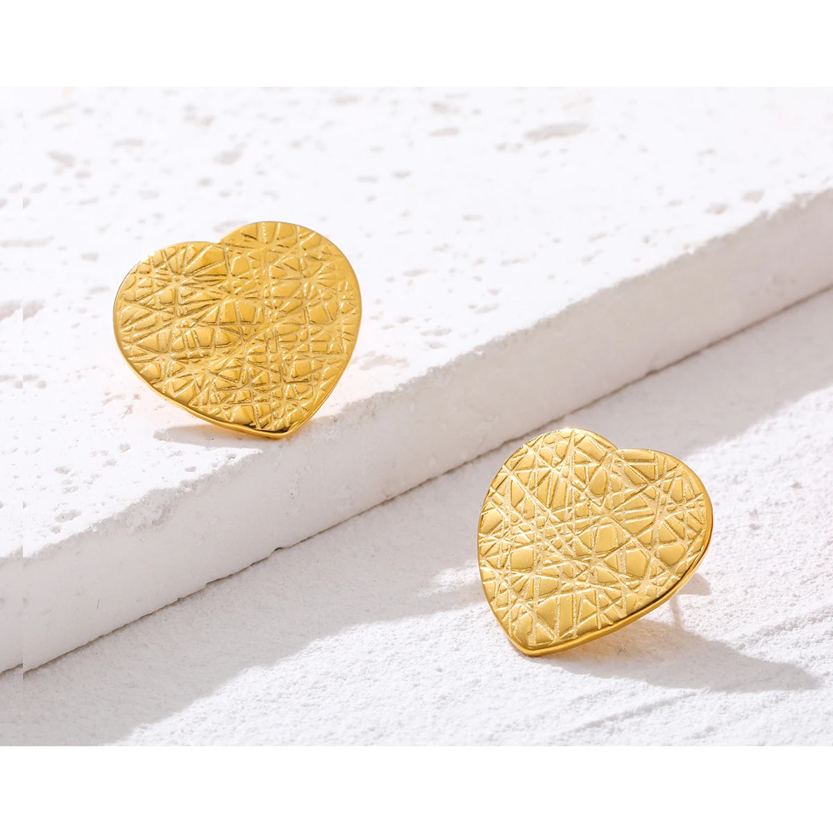 YACHAN Trendy 18K Gold Plated Stainless Steel Heart Stud Earrings for Women Individual Irregular Knife Cut Metal Texture Jewelry