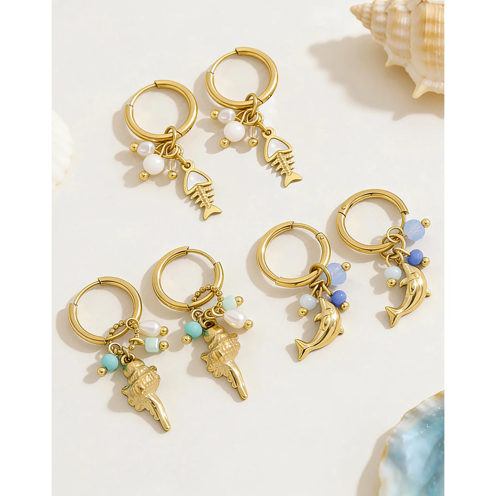 YACHAN Trendy 18K Gold Plated Stainless Steel Ocean Animal Dangle Hoop Earrings for Women Cute Dolphin Charm Beach Jewelry