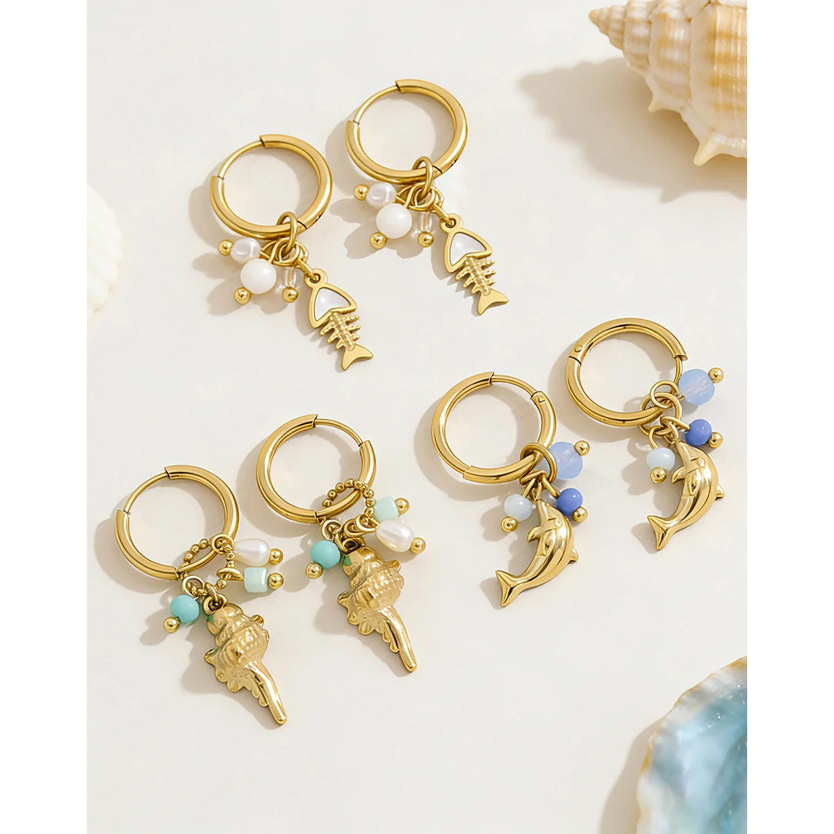 YACHAN Trendy 18K Gold Plated Stainless Steel Ocean Animal Dangle Hoop Earrings for Women Cute Dolphin Charm Beach Jewelry