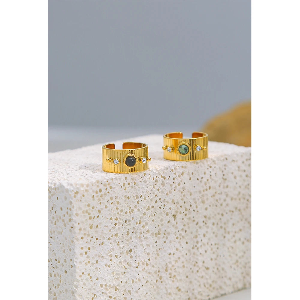 YACHAN Stainless Steel 18 K Gold Plated Wide Rings for Women Green Natural Stone Crystal Finger Open Ring Trendy Jewelry Gift