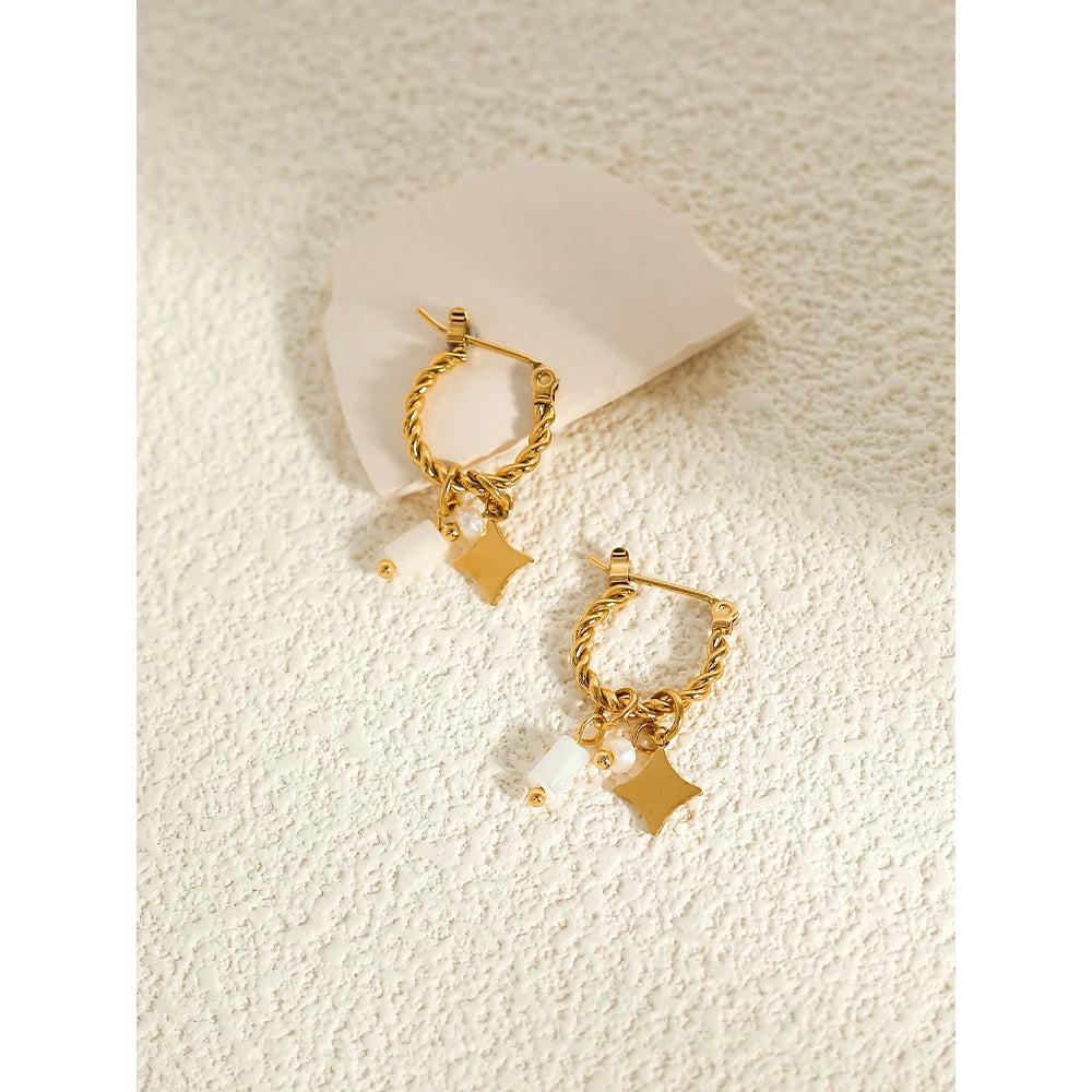 YACHAN 18K Gold Plated Stainless Steel Hoop Earrings for Women Pearl Shell Charms Trendy Jewelry Waterproof