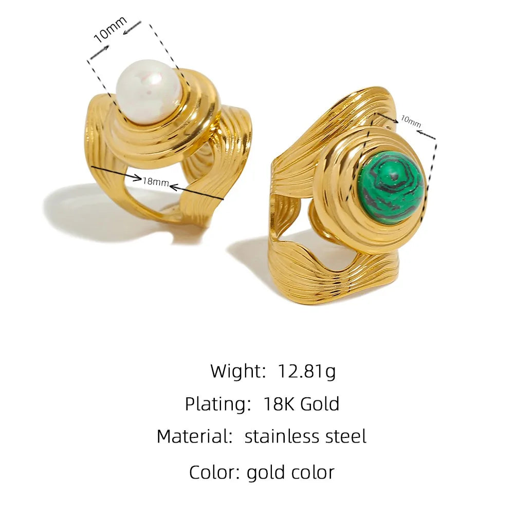 YACHAN Statement Stainless Steel Wide Rings for Women 18 K Gold Plated Natural Stone Metal Texture Ring Trendy Jewelry Gift