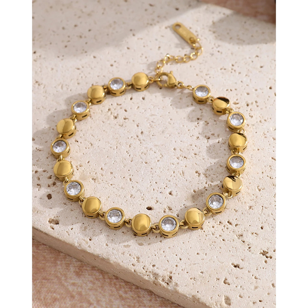 YACHAN Luxury Cubic Zirconia Stainless Steel Beaded Bracelet for Women Exquisite Chic 18K Gold Plated Waterproof Jewelry