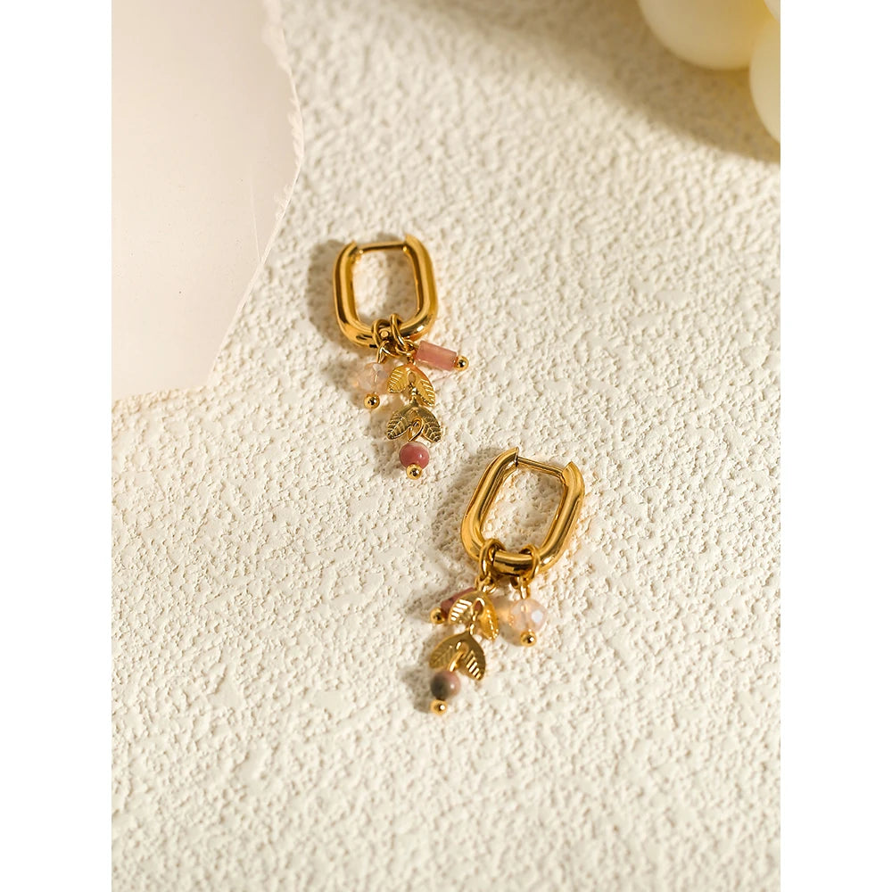 YACHAN New in 18K Gold Plated Stainless Steel Hoop Earrings for Women Cute Pink Crystal Natural Stone Charms Trendy Jewelry