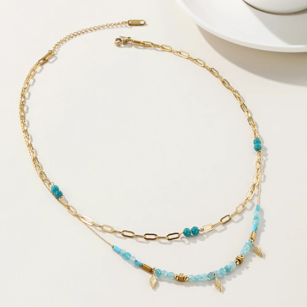 YACHAN Boho Blue Acrylic Bead Layered Necklace for Women Vintage Charms Stainless Steel Jewelry