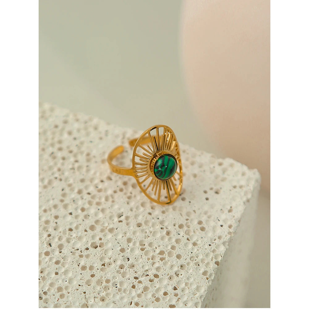 YACHAN Stainless Steel 18 K Gold Plated Sun Rings for Women Natural Stone Inlaid in Hollow Metal Texture Ring Trendy Jewelry