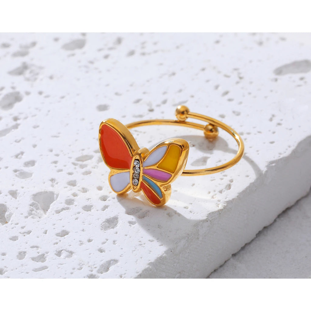 YACHAN Colorful Enamel Butterfly Stainless Steel Rings for Women Creative Cute 18K Gold Plated Jewelry Waterproof