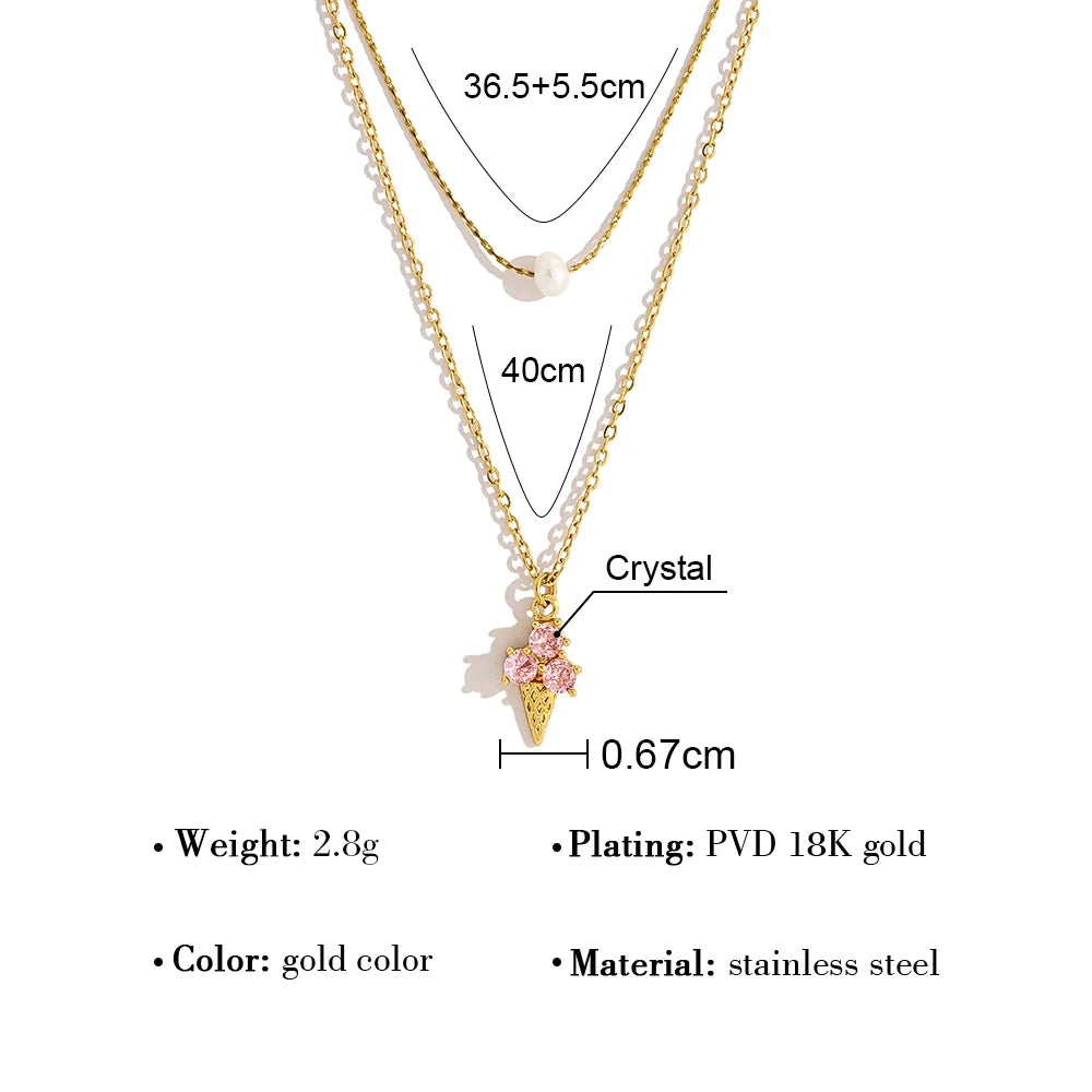 YACHAN Trendy Pink Crystal Ice Cream Pendant Necklace for Women Chic Cute Charm 18K Gold Plated Stainless Steel Jewelry