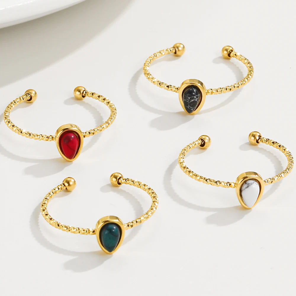 YACHAN Stainless Steel Ring for Women Turquoise Natural Stone Open Adjustable Water Drops 18K Gold PVD Plated Trendy Jewelry