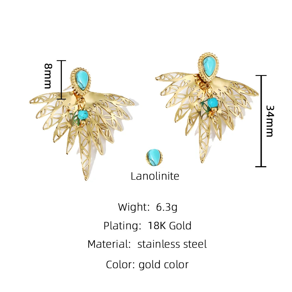 YACHAN 18K Gold Plated Stainless Steel Stud Earrings Geometric Hollow Metal Texture Natural Stone Earring Trendy Jewelry Gift