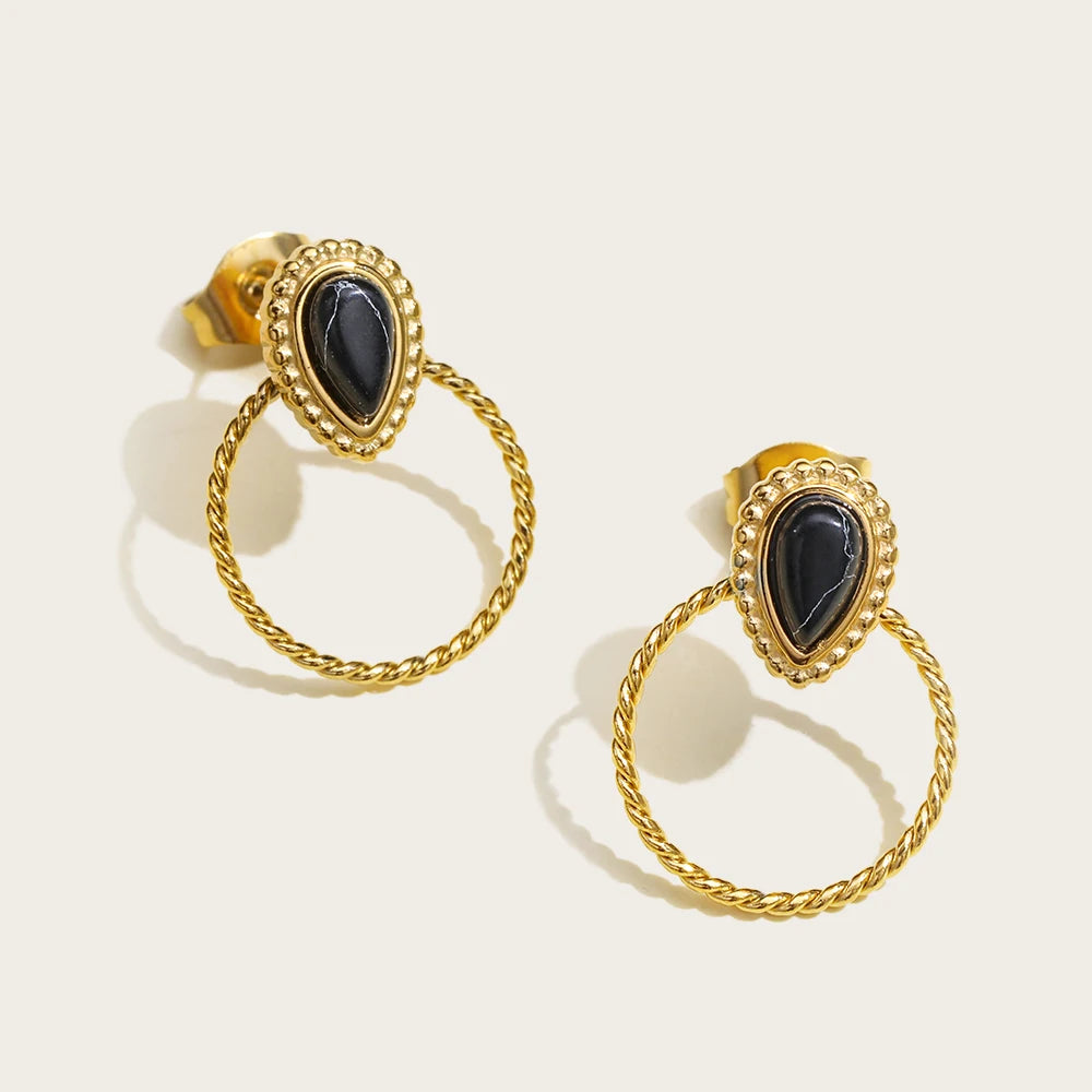 YACHAN Vintage Luxury Natural Stone Stainless Steel Stud Earrings for Women Simple Geometry 18K Gold Plated Waterproof Jewelry