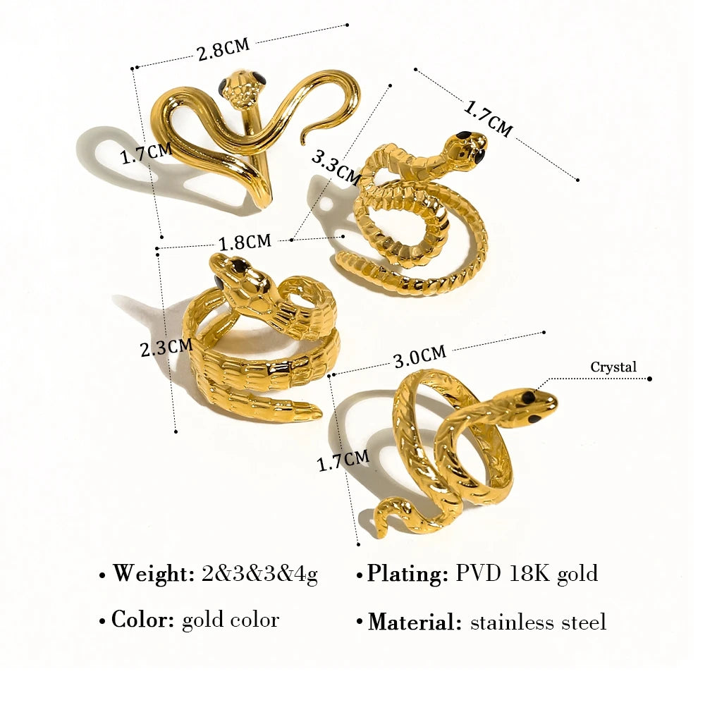 YACHAN NEW in 18K Gold Plated Stainless Steel Snake Rings for Women Trendy Statement Adjustable Ring Waterproof Jewelry
