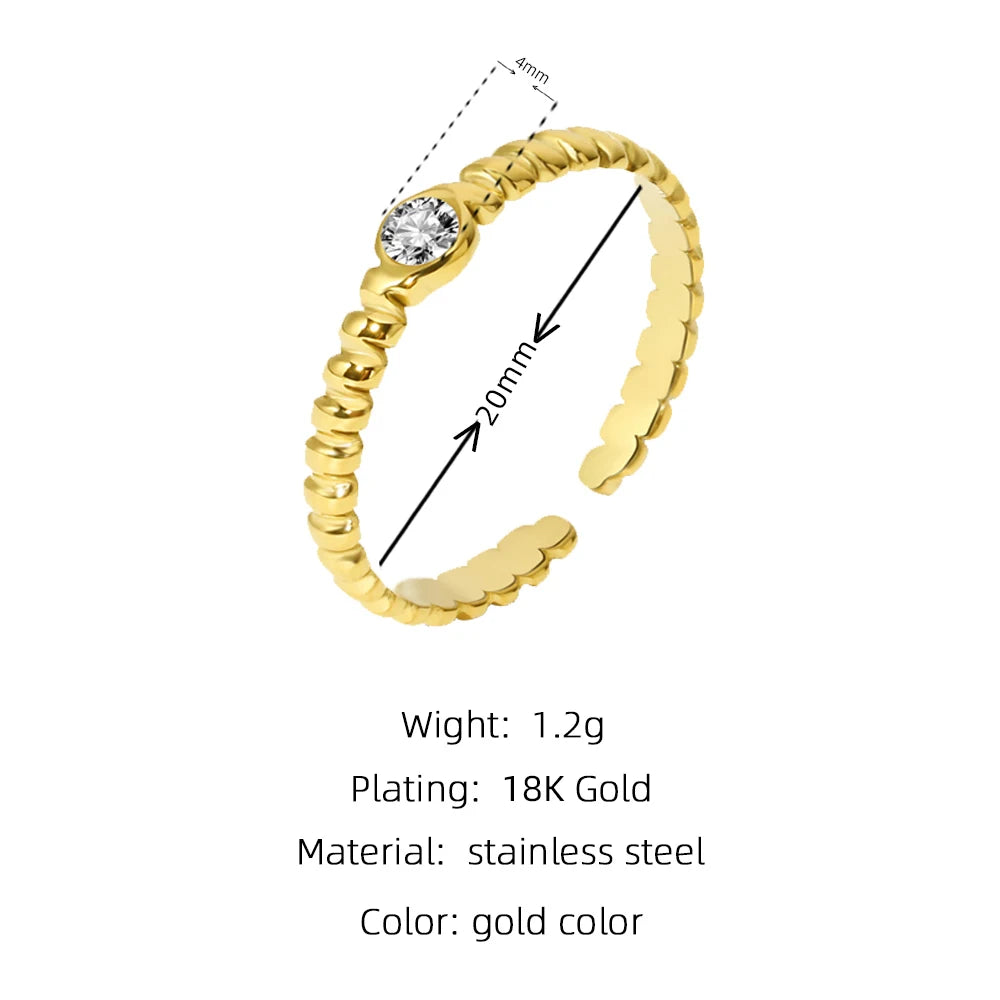 YACHAN Stainless Steel Gold Plated Cubic Zirconia Rings for Women Adjustable Opening Simple Irregular Shape Ring Trendy Jewelry