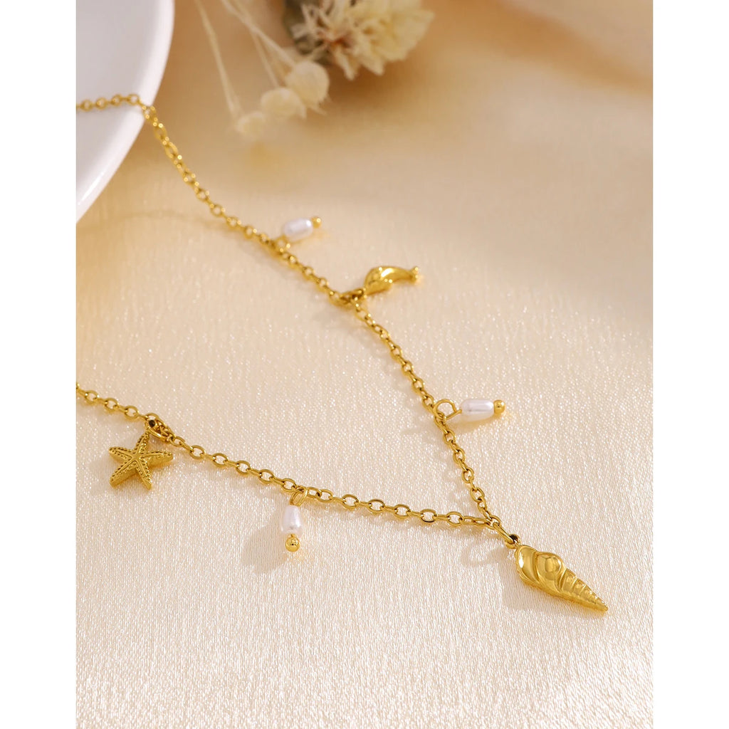 YACHAN Stainless Steel Ocean Charms Necklace for Women Trendy Chic Beach Waterproof Holiday 18K Gold Plated Jewelry