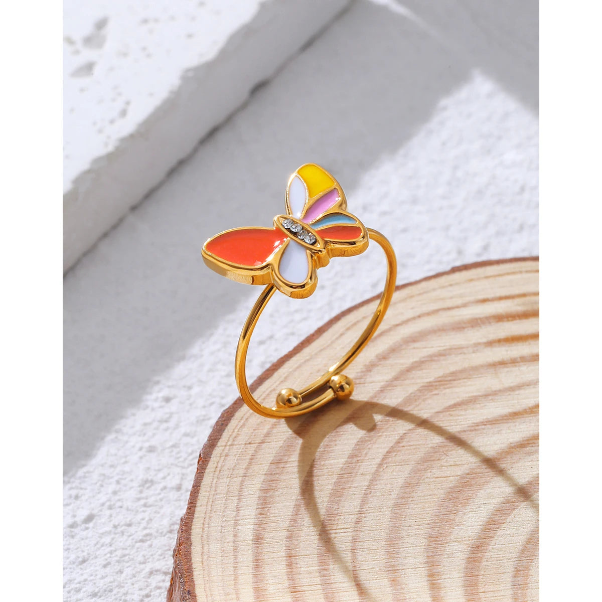 YACHAN Colorful Enamel Butterfly Stainless Steel Rings for Women Creative Cute 18K Gold Plated Jewelry Waterproof