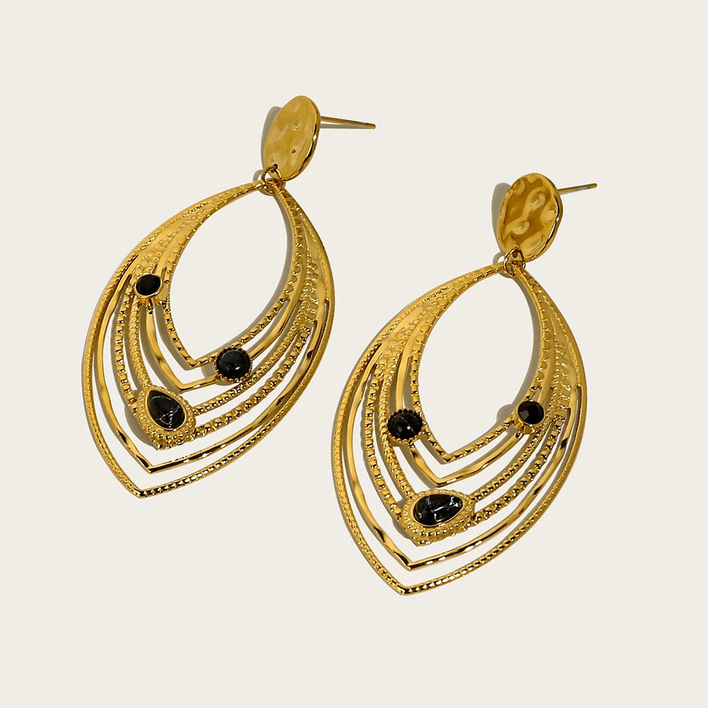 YACHAN Luxury Black Natural Stone Stainless Steel Drop Earrings for Women 18K Gold Plated Dangle Earrings Aesthetic Jewelry