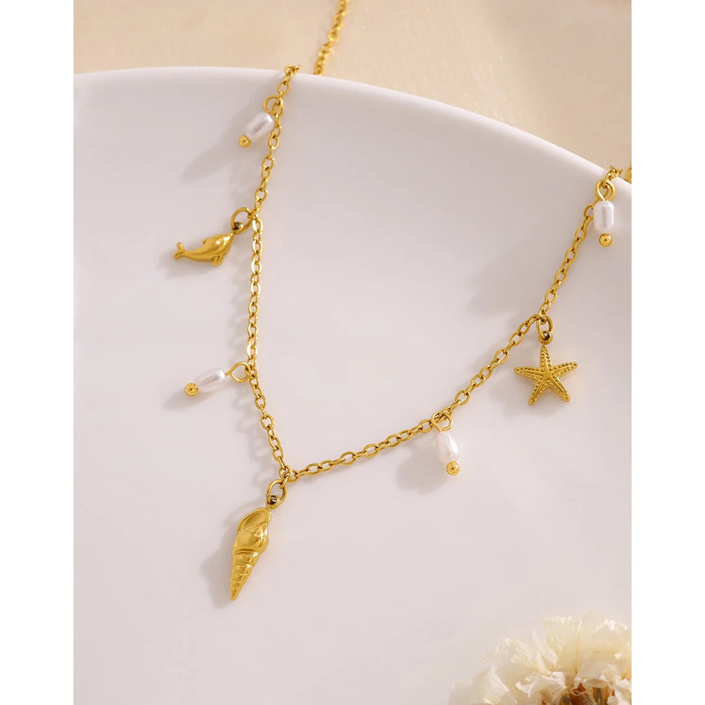 YACHAN Stainless Steel Ocean Charms Necklace for Women Trendy Chic Beach Waterproof Holiday 18K Gold Plated Jewelry
