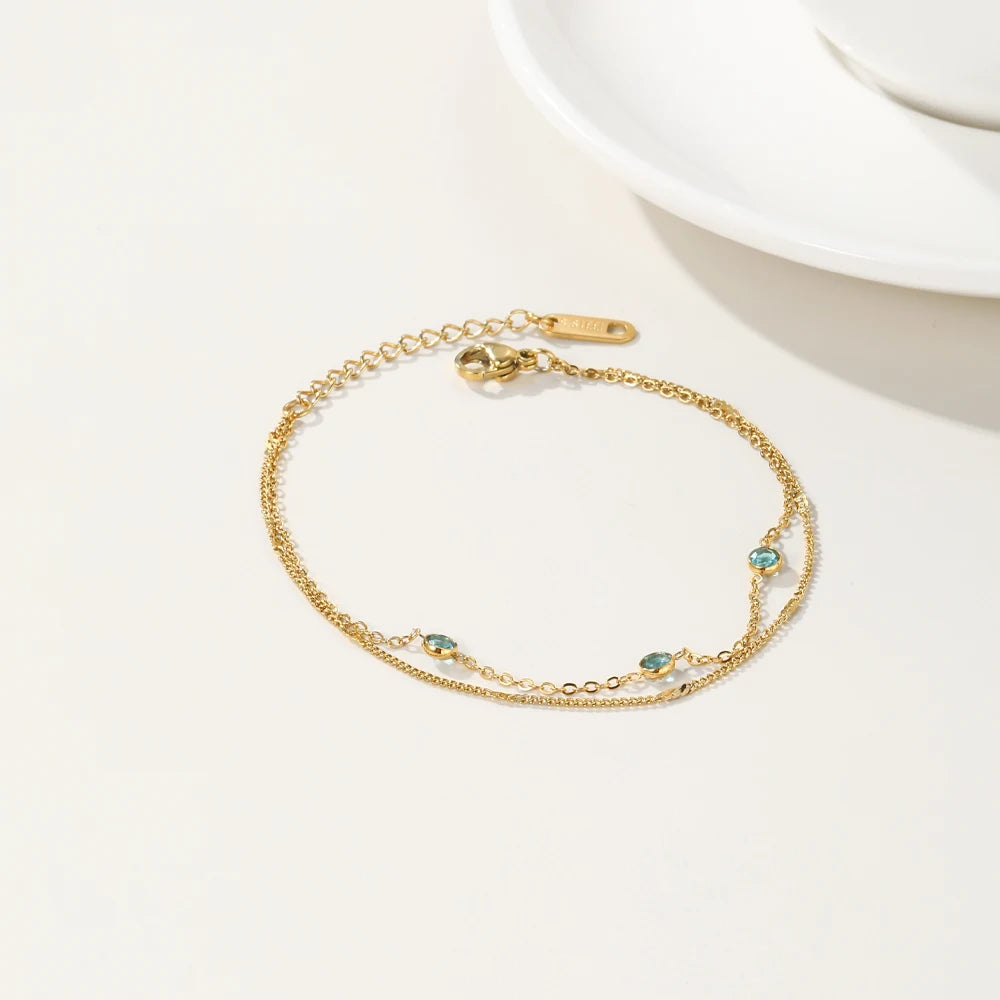 YACHAN Stainless Steel Double Layer Splic Chain Bracelets Crystal Inlay 18K Gold Plated Chains Bracelet Simple Trendy Jewelry