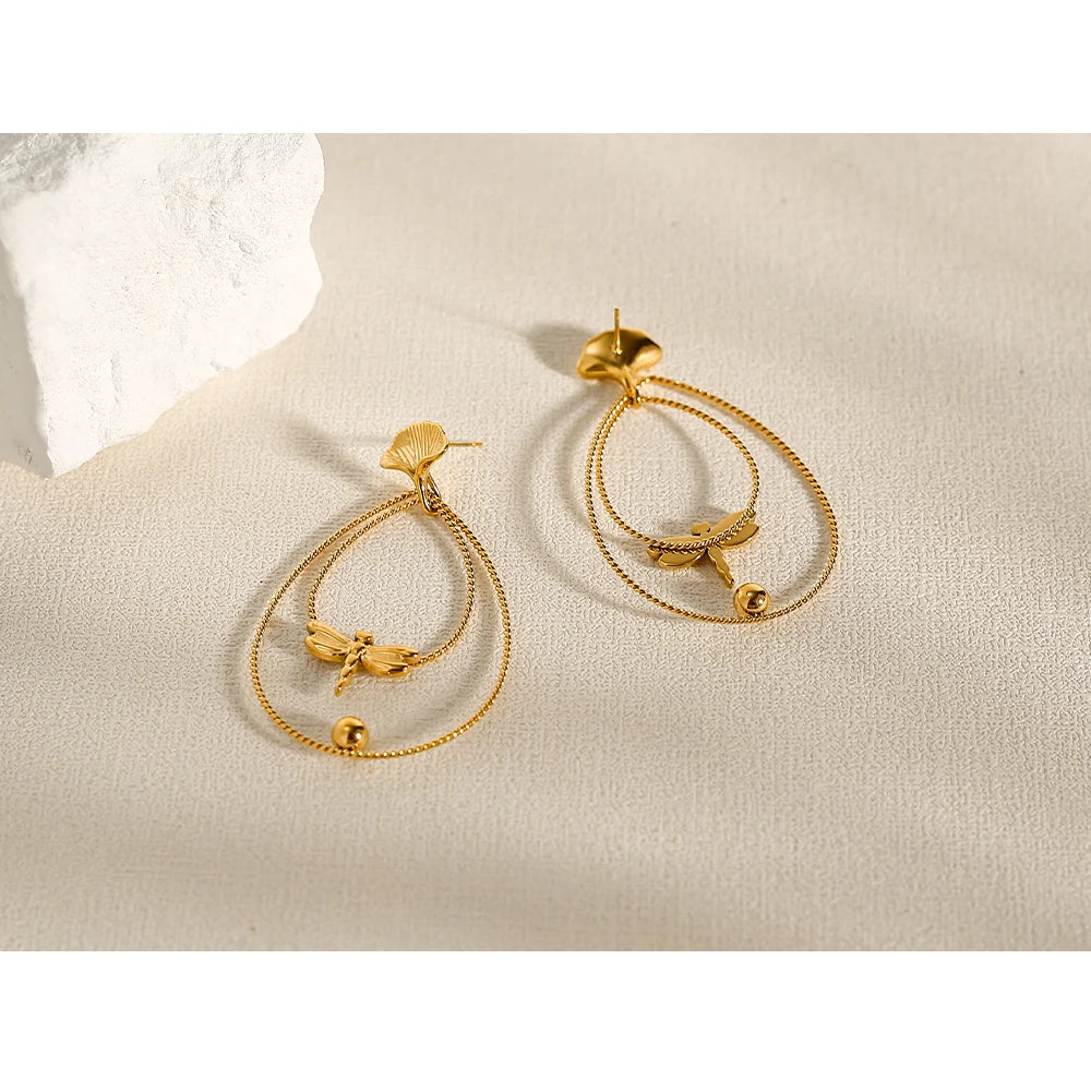 YACHAN 18K Gold Plated Stainless Steel Earrings for Women Creative Dragonfly Ginkgo Leaf Drop Earrings Trendy Jewelry