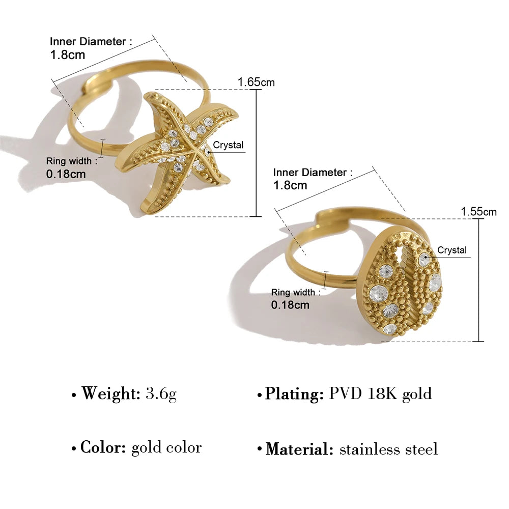 YACHAN 18K Gold Plated Starfish Rings for Women Waterproof Stainless Steel Adjustable Open Ring Ocean Beach Trendy Jewelry