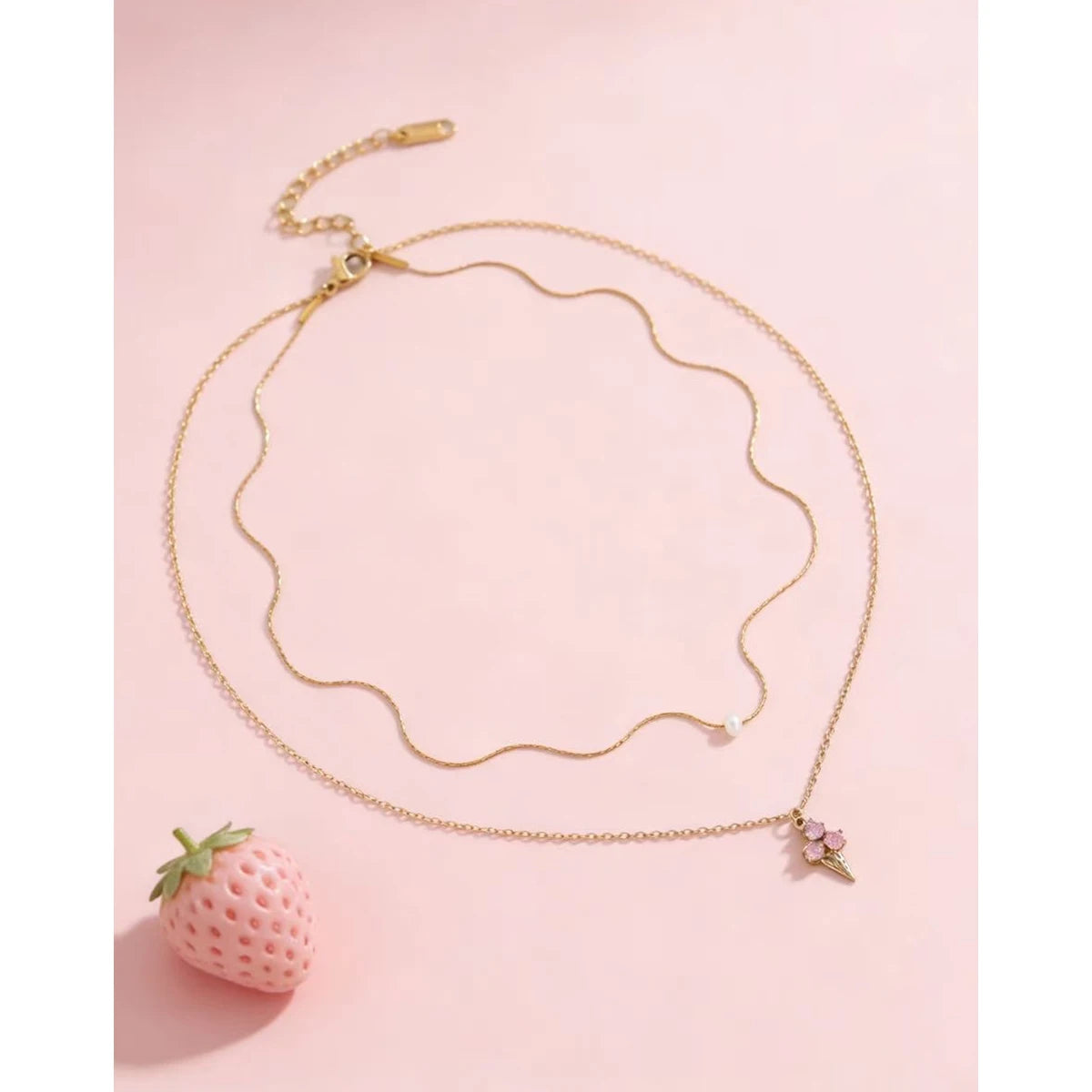 YACHAN Trendy Pink Crystal Ice Cream Pendant Necklace for Women Chic Cute Charm 18K Gold Plated Stainless Steel Jewelry