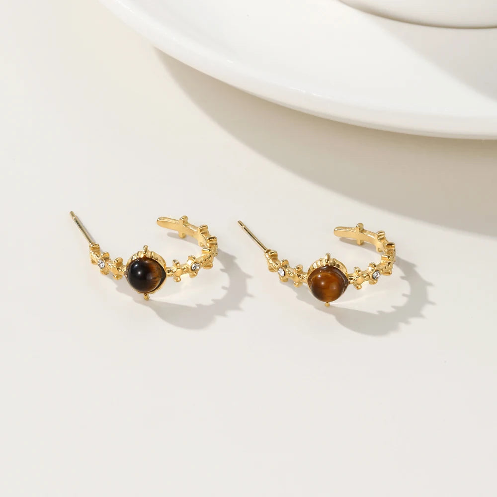 YACHAN 18K Gold Plated Stainless Steel Hoop Earrings for Women Amber Natural Stone Crystal Irregular Earring Trendy Jewelry Gift