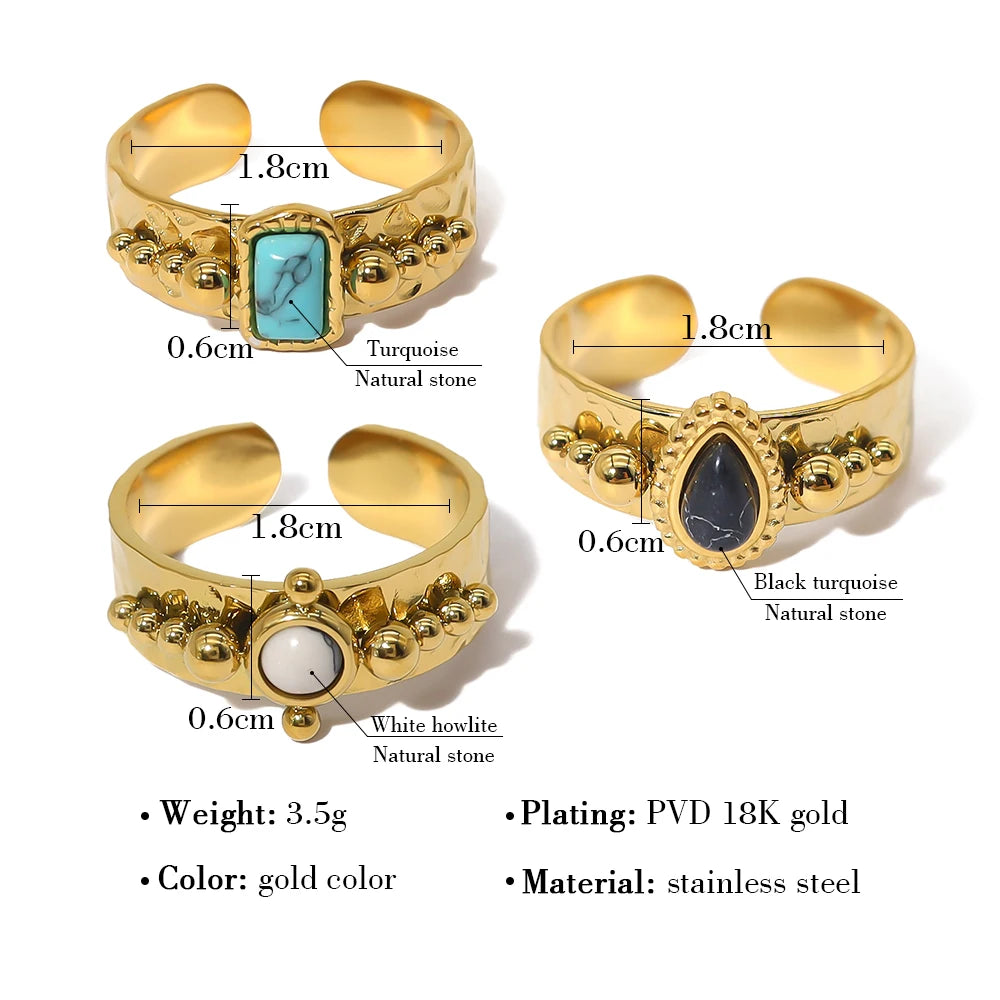 YACHAN Luxury 18K Gold Plated Stainless Steel Rings for Women Black White Blue Natural Stone Trendy Vintage Aesthetic Jewelry