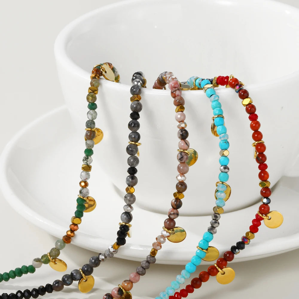 YACHAN Colorful Natural Stone Bead Handmade Link Bracelet Beaded Stainless Steel Bangle Y2K Bohemia Fashion Trendy Charm Jewelry