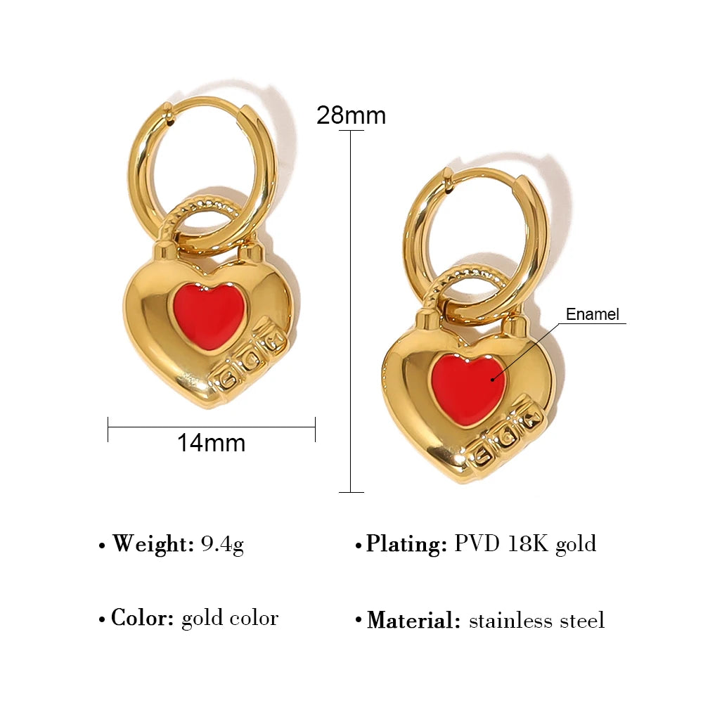 YACHAN Trendy 18K Gold Plated Stainless Steel Hoop Earrings for Women Red Enamel Heart Exquisite Chic Cute Jewelry