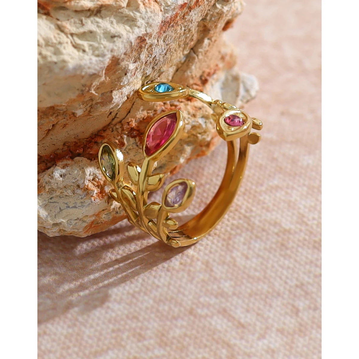 YACHAN Luxury Colorful Crystal Stainless Steel Ring for Women Chic 18K Gold Plated Trendy Jewelry Waterproof
