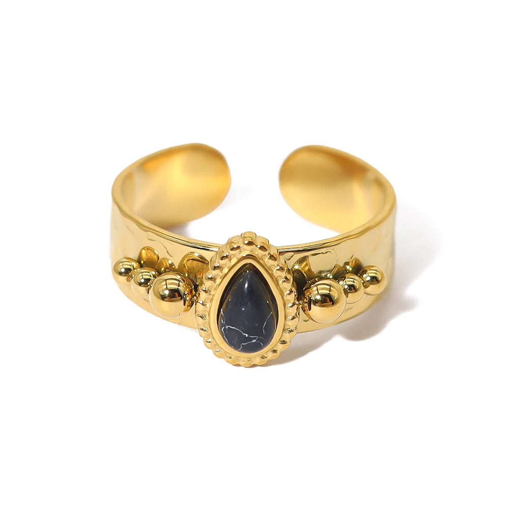 YACHAN Luxury 18K Gold Plated Stainless Steel Rings for Women Black White Blue Natural Stone Trendy Vintage Aesthetic Jewelry