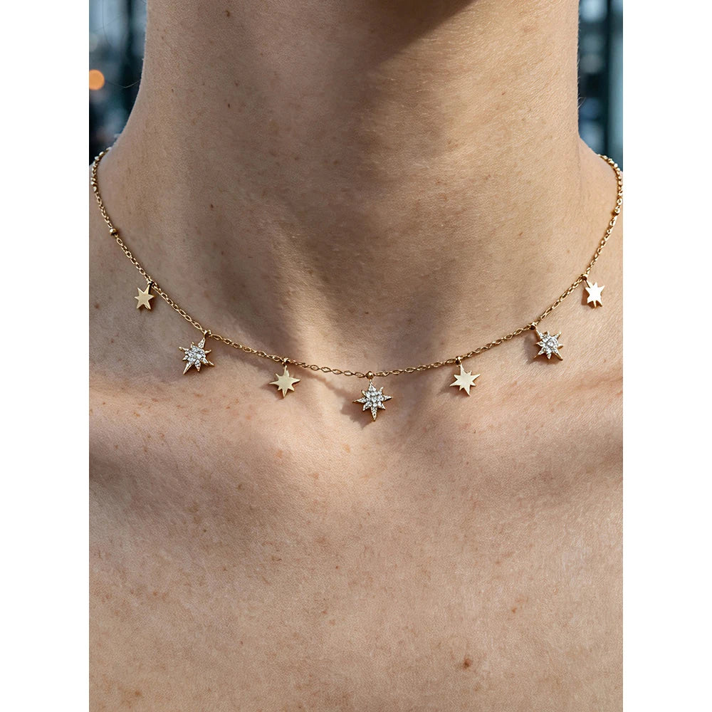 YACHAN 18K Gold Plated Stainless Steel North Star Pendant Necklace for Women Shiny Clavicle Chain Choker Tarnish Free Jewelry