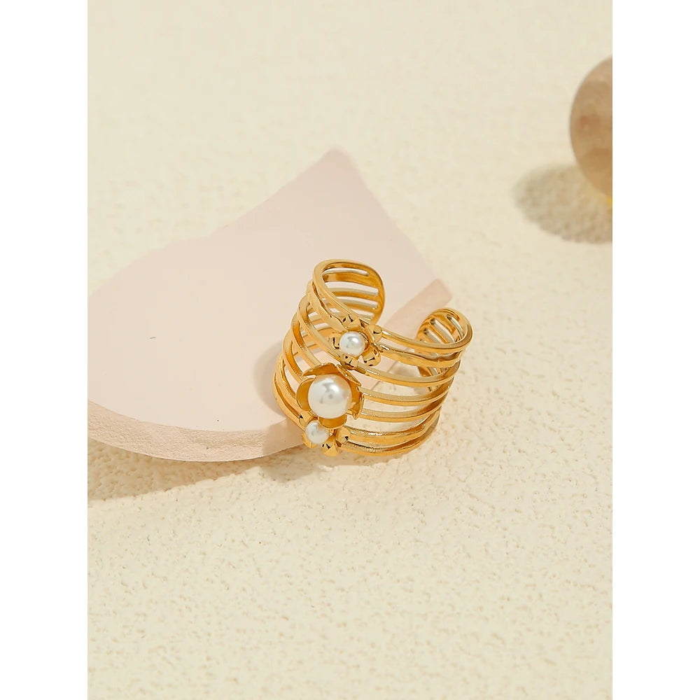 YACHAN 18K Gold Plated Stainless Steel Rings for Women Vintage Luxury Pearl Aesthetic Wide Ring Waterproof Jewelry