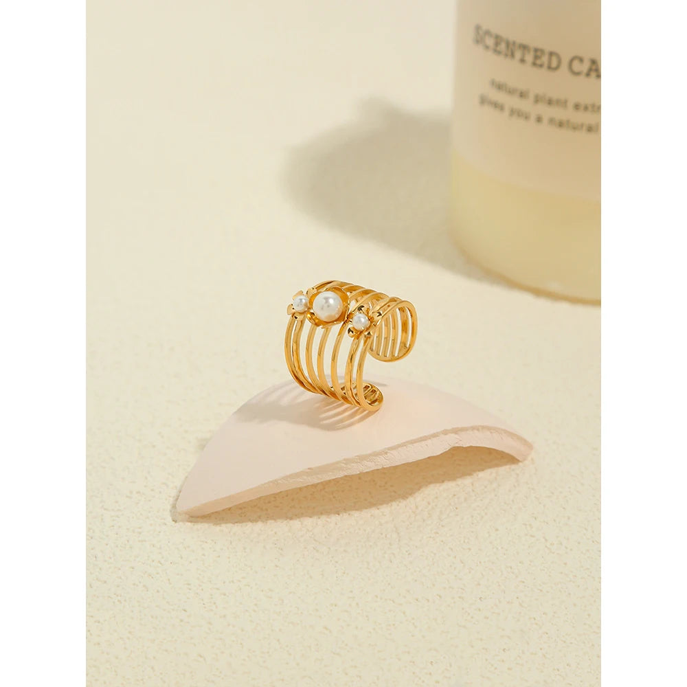 YACHAN 18K Gold Plated Stainless Steel Rings for Women Vintage Luxury Pearl Aesthetic Wide Ring Waterproof Jewelry