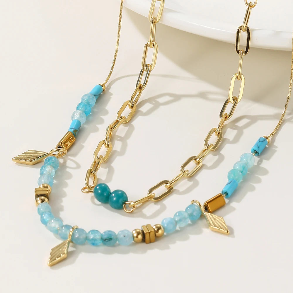YACHAN Boho Blue Acrylic Bead Layered Necklace for Women Vintage Charms Stainless Steel Jewelry
