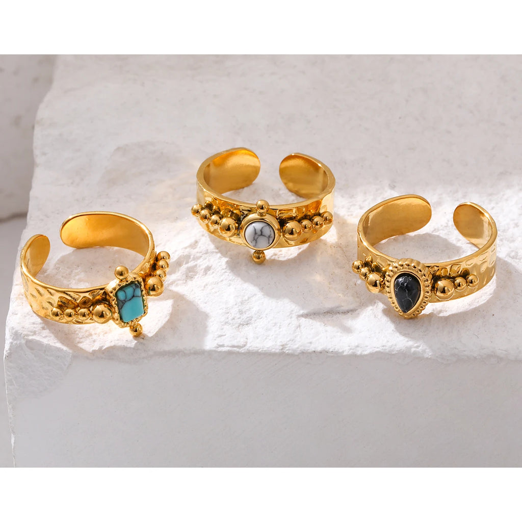 YACHAN Luxury 18K Gold Plated Stainless Steel Rings for Women Black White Blue Natural Stone Trendy Vintage Aesthetic Jewelry