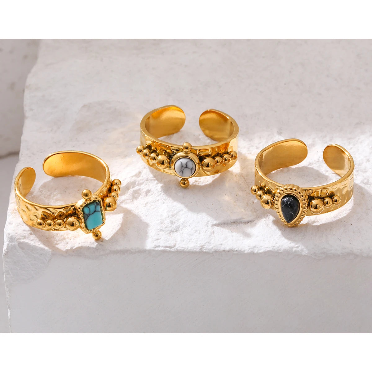 YACHAN Luxury 18K Gold Plated Stainless Steel Rings for Women Black White Blue Natural Stone Trendy Vintage Aesthetic Jewelry