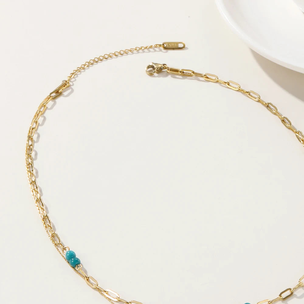 YACHAN Boho Blue Acrylic Bead Layered Necklace for Women Vintage Charms Stainless Steel Jewelry