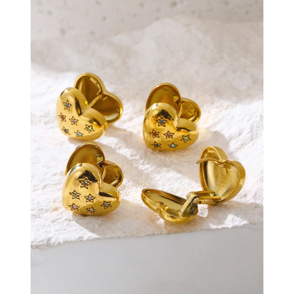 YACHAN 18K Gold Plated Stainless Steel Heart Earrings for Women Star Crystal Trendy Ear Buckle Waterproof Jewelry