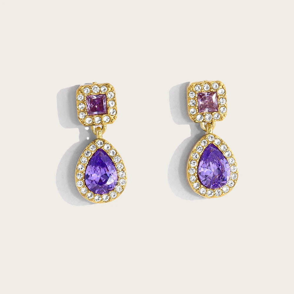 YACHAN 18K Gold Plated Luxury Stainless Steel Drop Earrings for Women Chic Purple Crystal Dangle Earring Trendy Jewelry