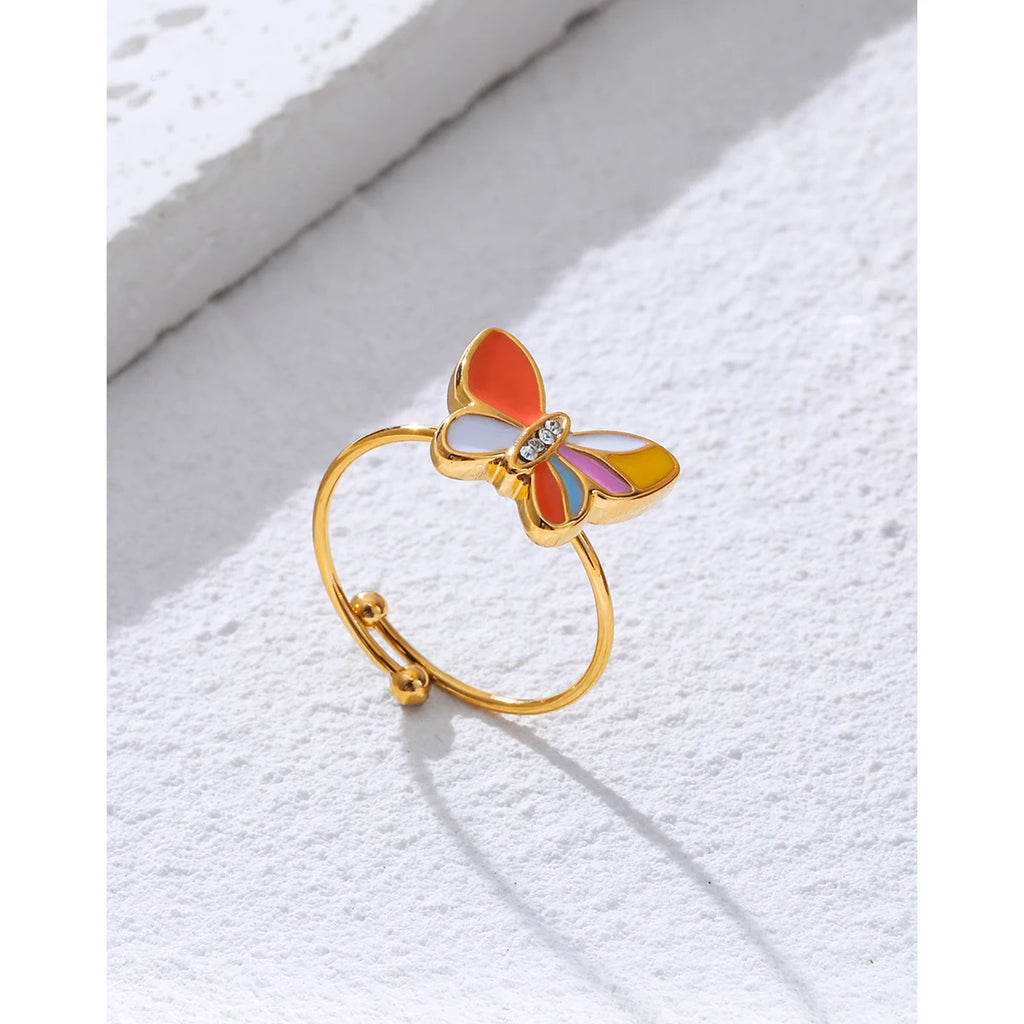 YACHAN Colorful Enamel Butterfly Stainless Steel Rings for Women Creative Cute 18K Gold Plated Jewelry Waterproof