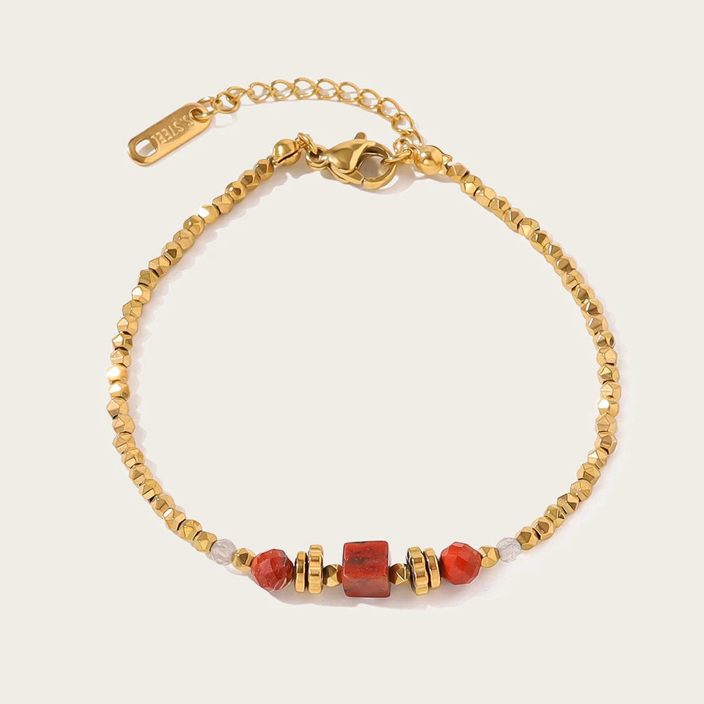 YACHAN 18K Gold Plated Stainless Steel Beaded Bracelet for Women Vintage Luxury Red Natural Stone Jewelry Waterproof
