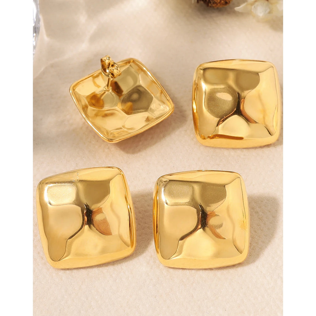 YACHAN Statement Stainless Steel Stud Earrings for Women Irregular Metal Hammered 18K Gold Plated Jewelry