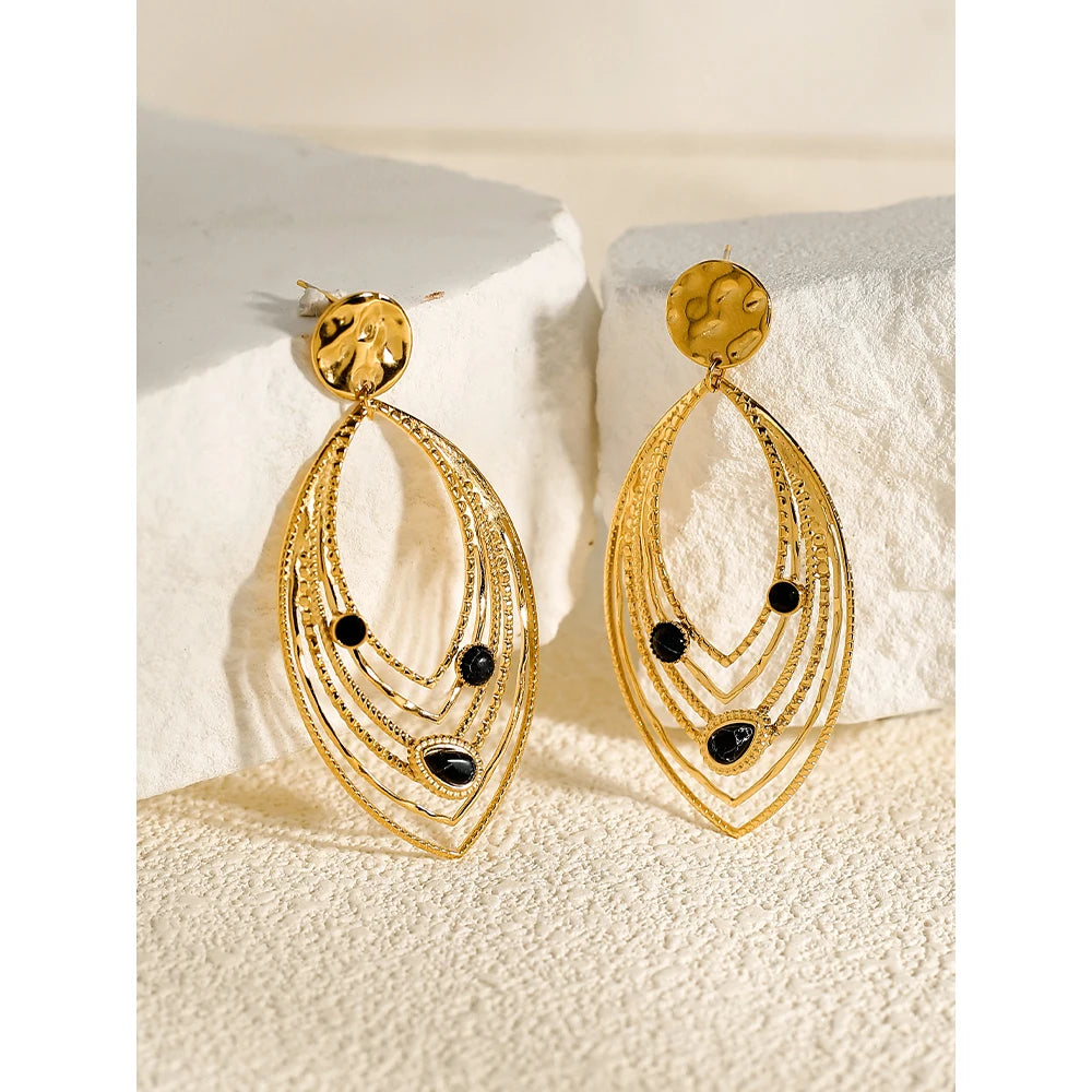 YACHAN Luxury Black Natural Stone Stainless Steel Drop Earrings for Women 18K Gold Plated Dangle Earrings Aesthetic Jewelry