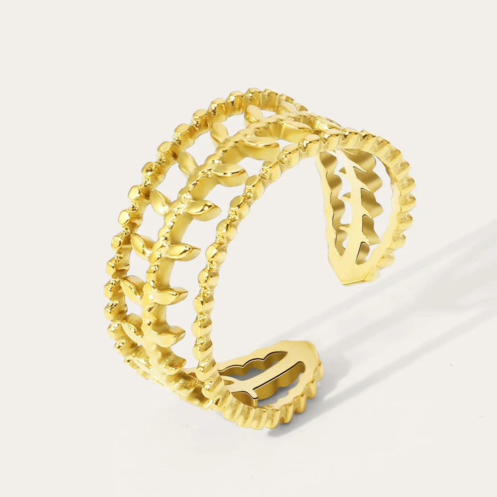 YACHAN Stainless Steel Gold Plated Rings for Women Adjustable Opening Simple Three Floors Leaves Ring Trendy Jewelry
