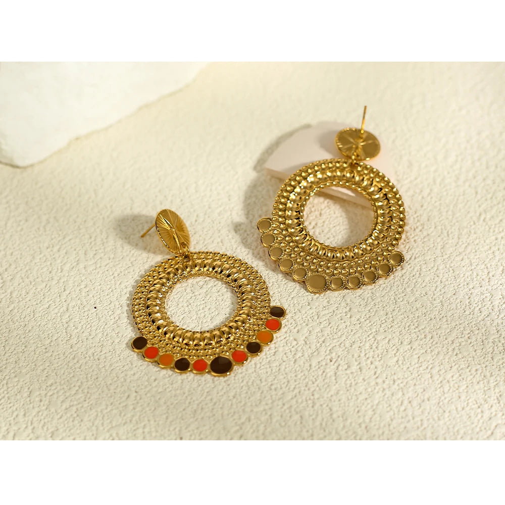 YACHAN PVD 18K Gold-Plated Stainless Steel Drop Earrings for Women Geometric Metal Texture Enamel Trendy Jewelry